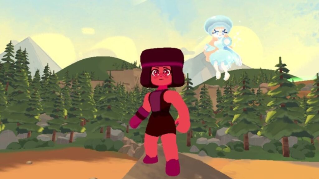 Feature image for our Gemventure Tier List. Image shows a character standing at the top of a mountain with someone flirting next to them.