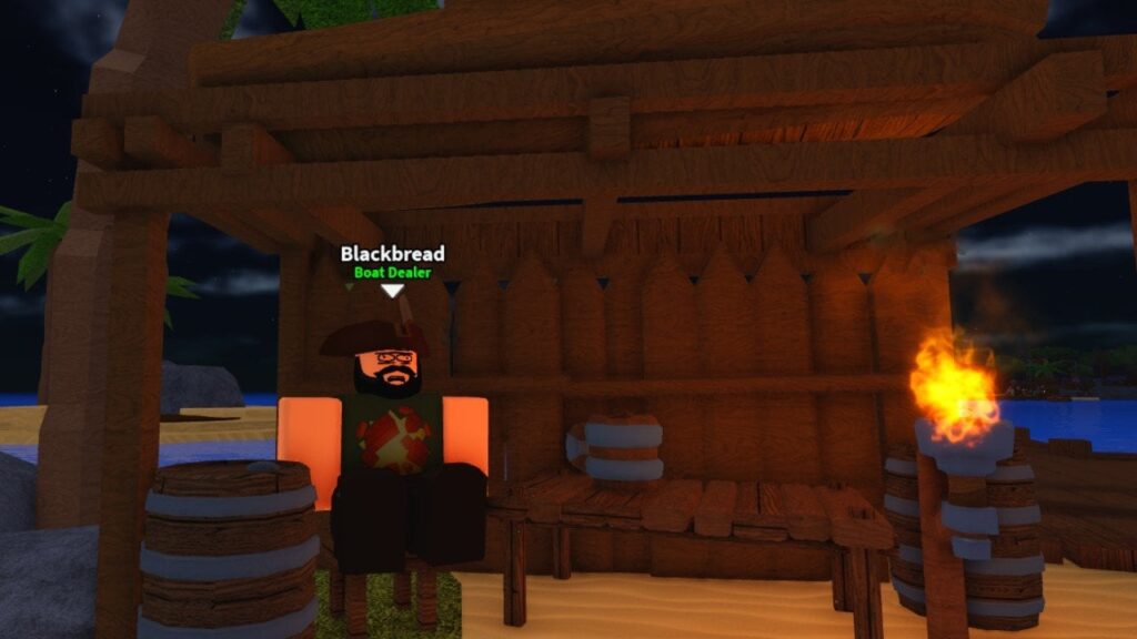 Feature image for our Dig It Boats guide. It shows the Boat Seller NPC Blackbread sitting in a hut on the Pirate Island. His eyes are looking in two directions at once.