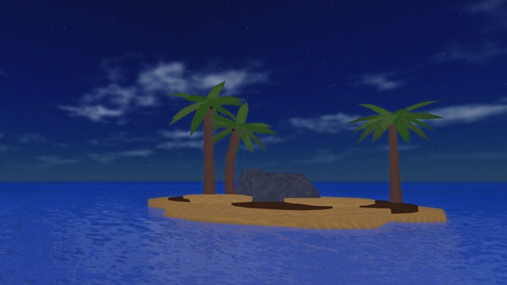 Feature image for our Dig It Map guide. It shows an island at sea in the game. It has sand an palm trees.