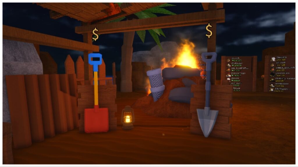 Feature image for our dig it shovel tier list showing shovels resting against wooden pillars with a trash pile on fire in the background