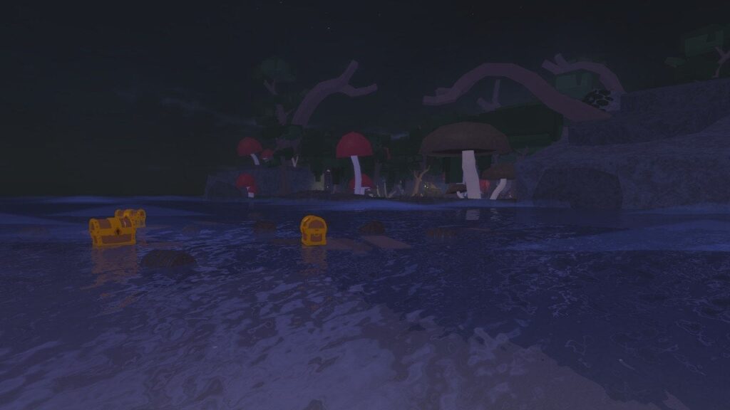 Feature image for our Fisch Loot Rider boat guide. It shows several Sunken Chests floating in front of Mushgrove Island.