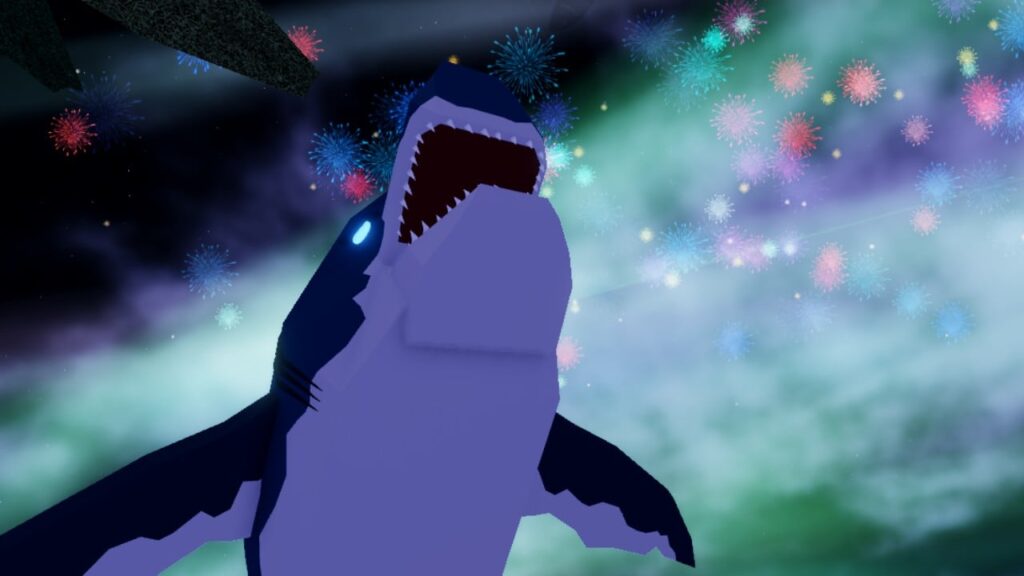 Feature image for our Fisch Modded codes guide. It shows a megalodon leaping out of the water, with fireworks in the background.