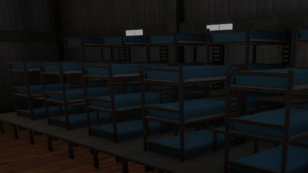 Feature image for our Shrimp Game Lights Out guide. It shows the dorm beds in-game, in the dark.