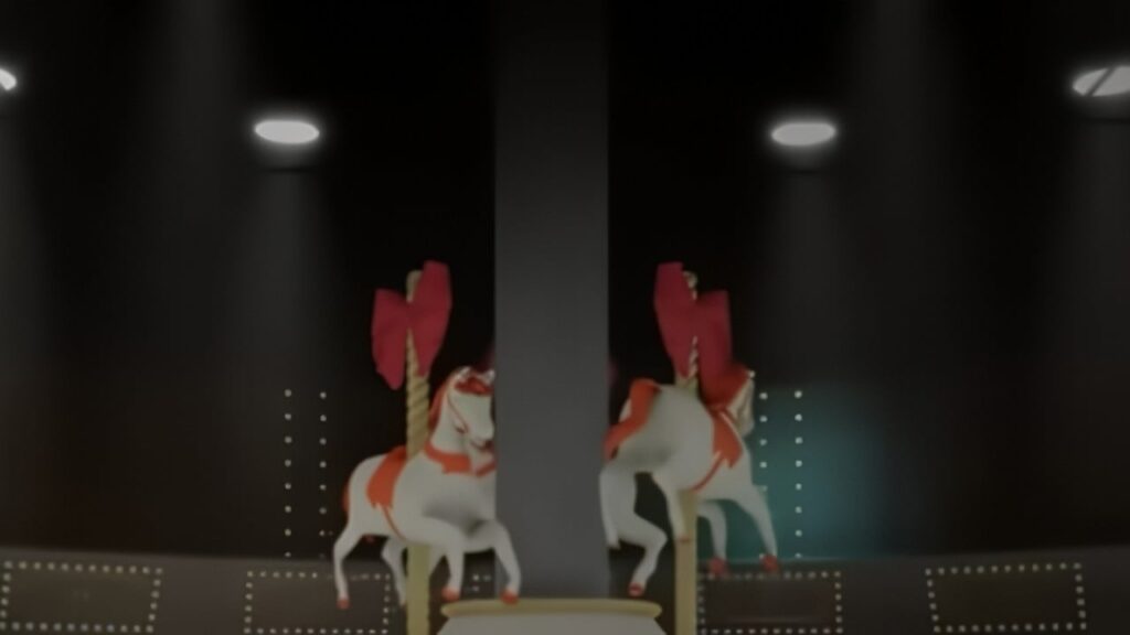 Feature image for our Shrimp Game Mingle guide. It shows the Mingle carousel horses, which are white with gold manes.