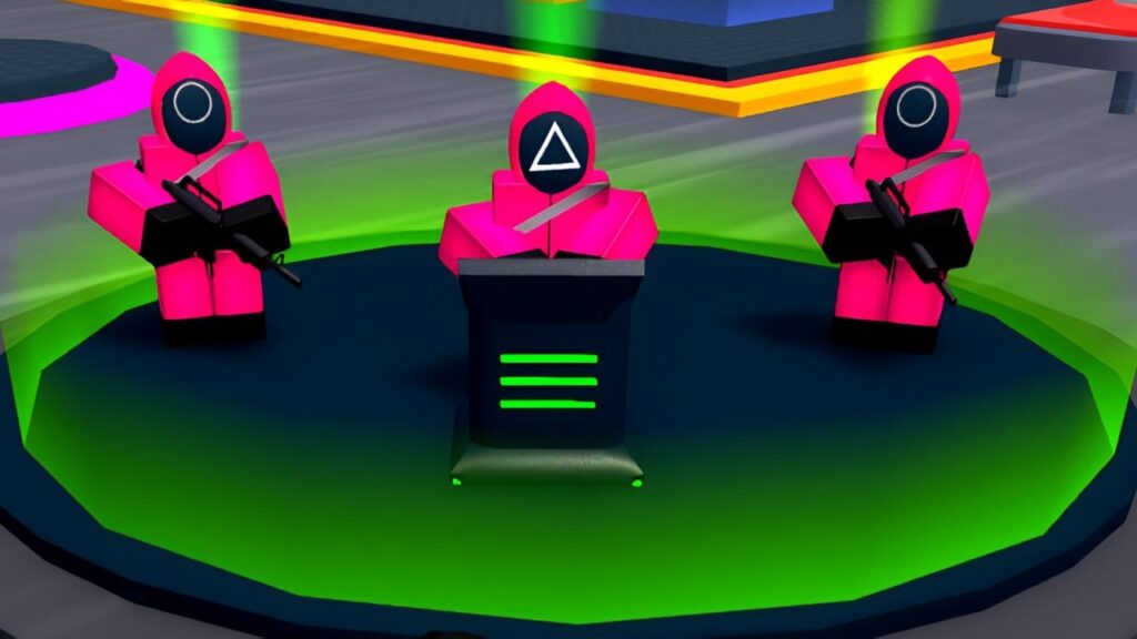 Feature image for our Squid Game X codes guide. It shows 3 guard NPCs in pink jumpsuits and masks standing at a podium.